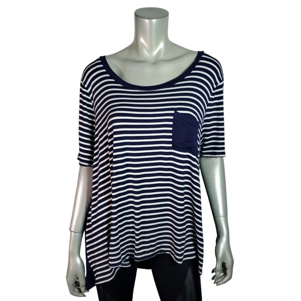 Accent Top Plus Sz 2X High Low Pocket Stretch Striped Short Sleeve Casual Blue‎
